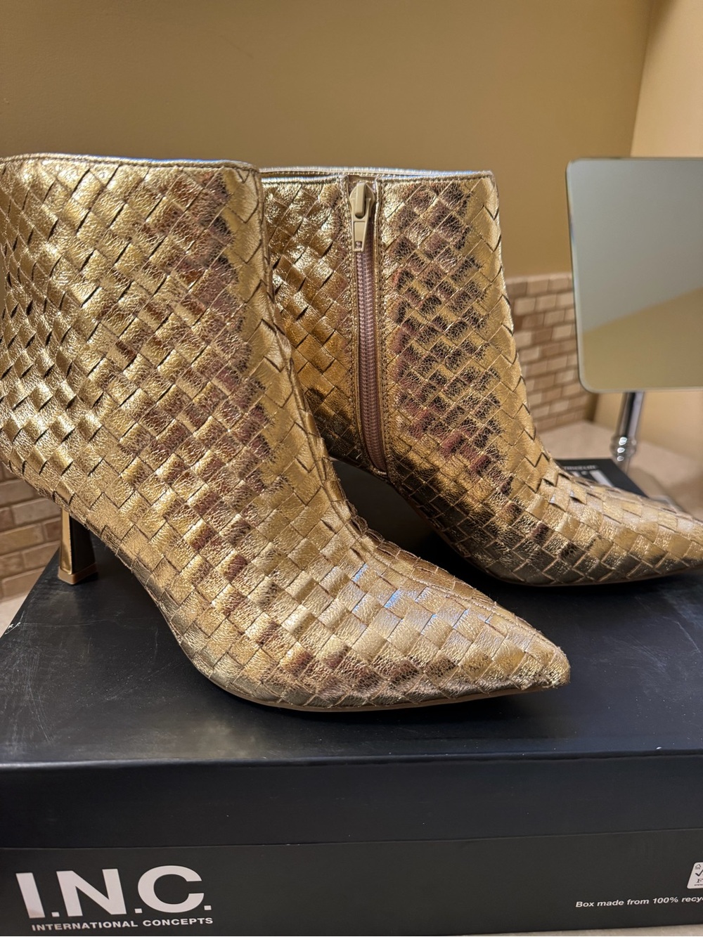 INC International Concepts Metallic Gold Woven Pointed Ankle Booties